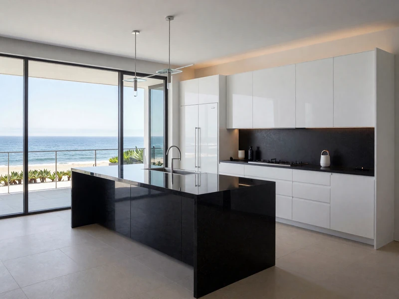 Contemporary beachfront kitchen with black granite and handleless cabinets