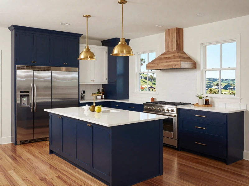 Top of the World transitional kitchen with navy cabinets and brass accents