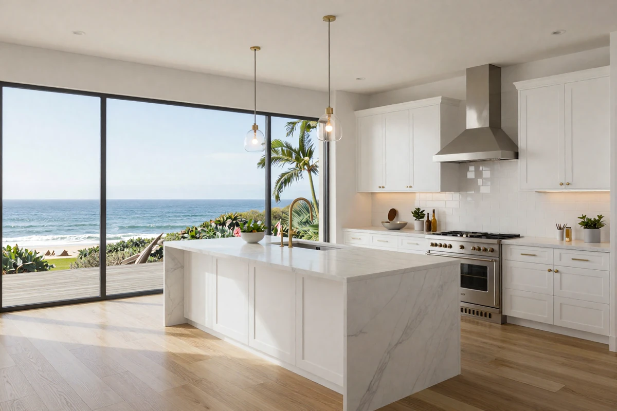 Modern Laguna Beach kitchen with ocean views, white custom cabinetry, marble island countertop, and professional-grade appliances
