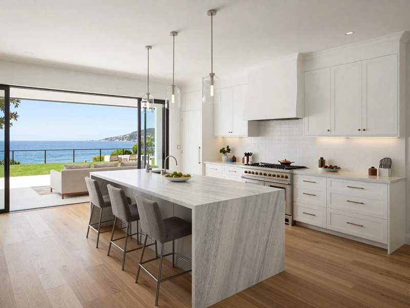 Emerald Bay oceanview kitchen with marble island and Wolf appliances